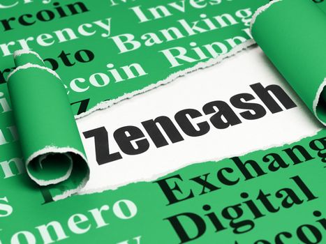 Blockchain concept: black text Zencash under the curled piece of Green torn paper with  Tag Cloud, 3D rendering