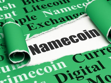 Blockchain concept: black text Namecoin under the curled piece of Green torn paper with  Tag Cloud, 3D rendering