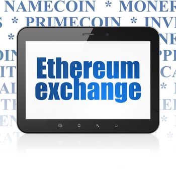 Cryptocurrency concept: Tablet Computer with  blue text Ethereum Exchange on display,  Tag Cloud background, 3D rendering