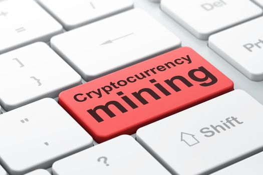 Cryptocurrency concept: computer keyboard with word Cryptocurrency Mining, selected focus on enter button background, 3D rendering