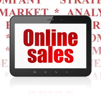Marketing concept: Tablet Computer with  red text Online Sales on display,  Tag Cloud background, 3D rendering