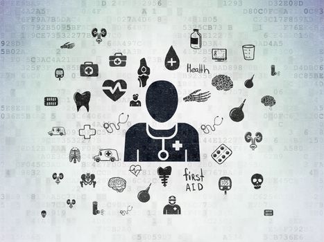 Medicine concept: Painted black Doctor icon on Digital Data Paper background with  Hand Drawn Medicine Icons