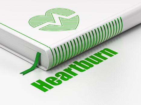 Healthcare concept: closed book with Green Heart icon and text Heartburn on floor, white background, 3D rendering