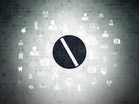 Healthcare concept: Painted black Pill icon on Digital Data Paper background with  Hand Drawn Medicine Icons