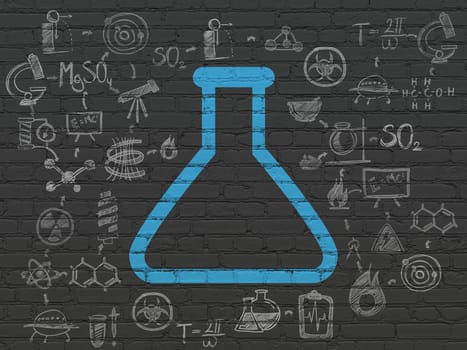 Science concept: Painted blue Flask icon on Black Brick wall background with Scheme Of Hand Drawn Science Icons