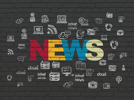 News concept: Painted multicolor text News on Black Brick wall background with  Hand Drawn News Icons