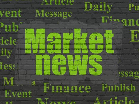 News concept: Painted green text Market News on Black Brick wall background with  Tag Cloud