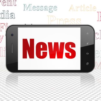 News concept: Smartphone with  red text News on display,  Tag Cloud background, 3D rendering