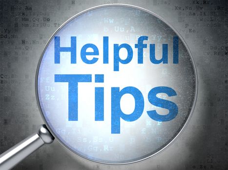 Education concept: magnifying optical glass with words Helpful Tips on digital background, 3D rendering