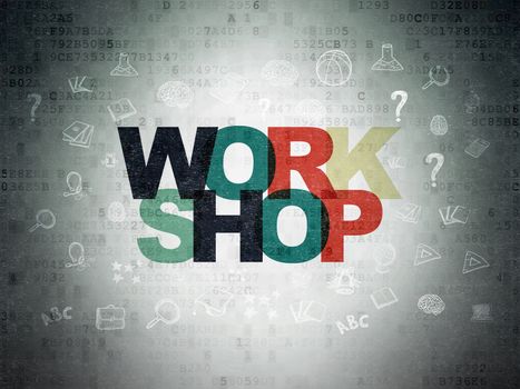 Learning concept: Painted multicolor text Workshop on Digital Data Paper background with  Hand Drawn Education Icons