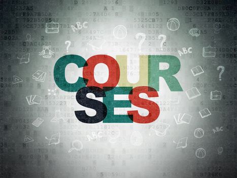 Studying concept: Painted multicolor text Courses on Digital Data Paper background with  Hand Drawn Education Icons