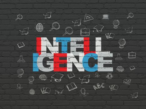Learning concept: Painted multicolor text Intelligence on Black Brick wall background with  Hand Drawn Education Icons