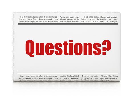 Learning concept: newspaper headline Questions? on White background, 3D rendering