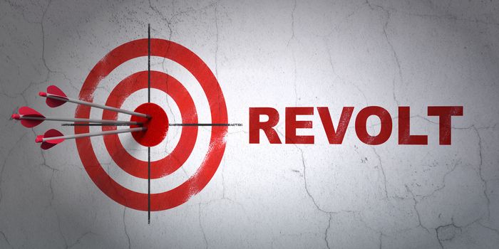Success political concept: arrows hitting the center of target, Red Revolt on wall background, 3D rendering