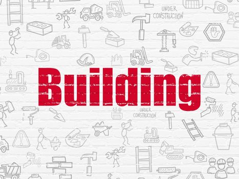 Building construction concept: Painted red text Building on White Brick wall background with  Hand Drawn Construction Icons