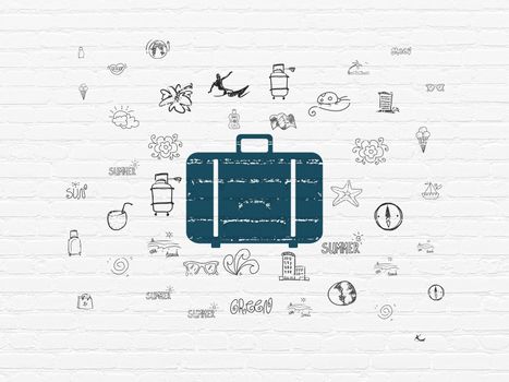 Vacation concept: Painted blue Bag icon on White Brick wall background with  Hand Drawn Vacation Icons