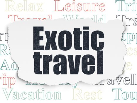 Tourism concept: Painted black text Exotic Travel on Torn Paper background with  Tag Cloud