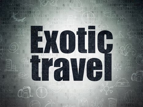 Tourism concept: Painted black text Exotic Travel on Digital Data Paper background with   Hand Drawn Vacation Icons