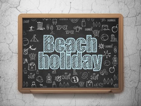 Tourism concept: Chalk Blue text Beach Holiday on School board background with  Hand Drawn Vacation Icons, 3D Rendering