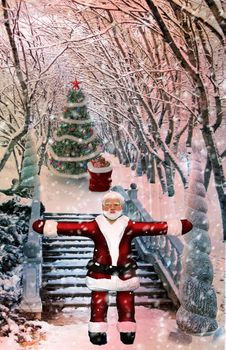 Christmas: winter Park, Santa Claus with gifts, trees covered with snow..3D rendering