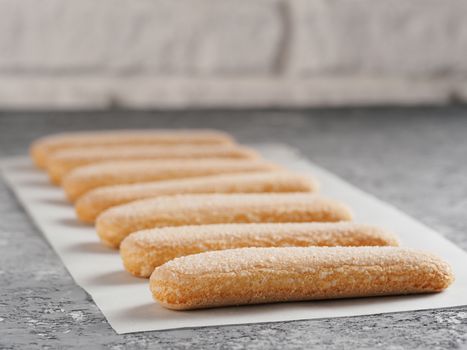 Close up view of ladyfinger biscuit cookie on gray concrete background. Italian cookie savoiardi in row on baking paper. Copy space.