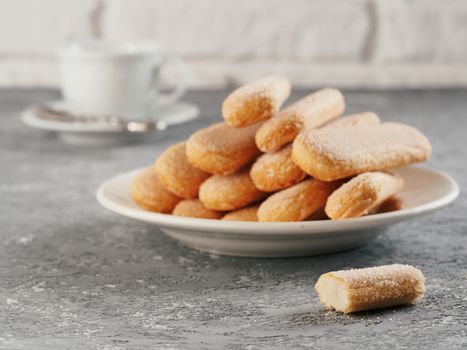 Italian cookie savoiardi and cup of coffee. Close up view of ladyfinger biscuit cookie on gray concrete background. Copy space.