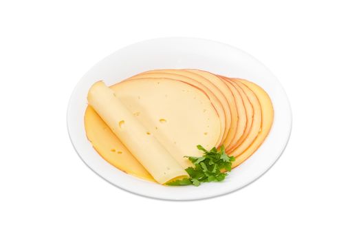 Cheese cut into big round slices and small sprig of the parsley on the white dish on a light background
