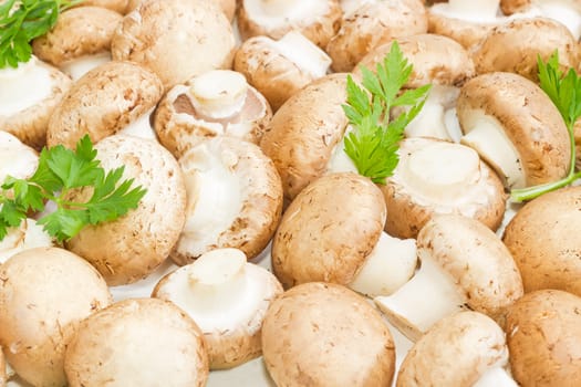 Background of the fresh whole uncooked button mushrooms with several parsley twigs
