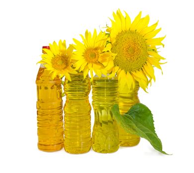 Several plastic bottles of the sunflower oil of different variety with sunflower flowers and leaves on a light background
