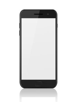 Modern black smartphone with blank screen. Generic mobile smart phone with reflection on white background, 3d render