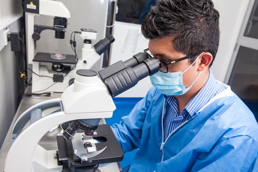 Young male scientist looking at slides under the microscope