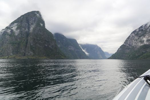 The Unesco Naeroyfjord and the picturesque Aurlandsfjord seen from the water