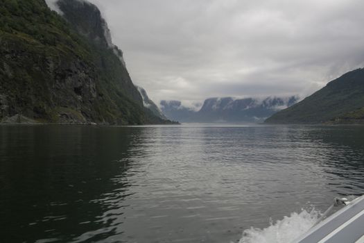 The Unesco Naeroyfjord and the picturesque Aurlandsfjord seen from the water