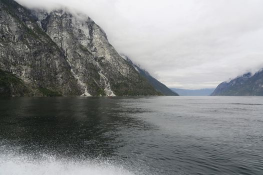 The Unesco Naeroyfjord and the picturesque Aurlandsfjord seen from the water