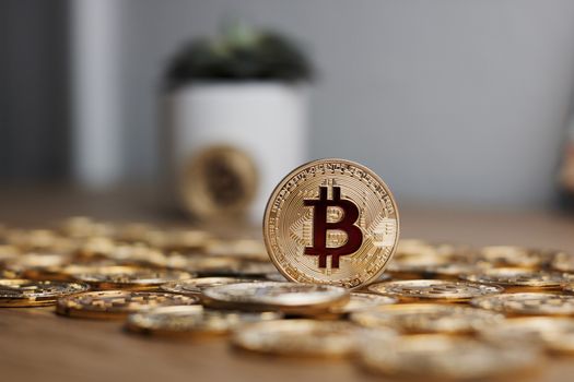 Digital currency physical metal bitcoin coin on the gold money background. Money concept.