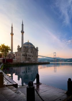 Ortakoy Mosque and Bosphorus bridge in Istanbul at sunrise, Turkey