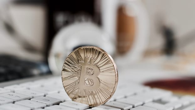Digital currency physical metal bitcoin coin on the white keyboard near glass ball.