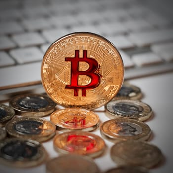 Digital currency physical metal bitcoin coin. Cryptocurrency coins concept.