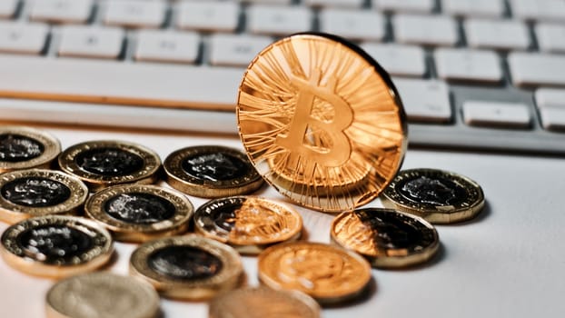 Digital currency physical metal bitcoin coin. Cryptocurrency coins concept.