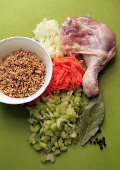 Ingredients for chicken soup with pearl barley