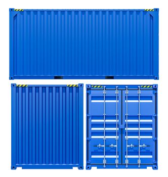 Blue cargo freight container from different sides, isolated on white background. 3d illustration