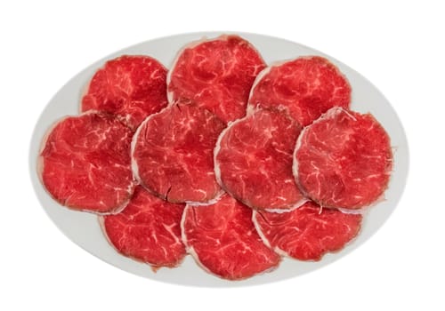 Top view of some raw beef fillets on a plate with  white background