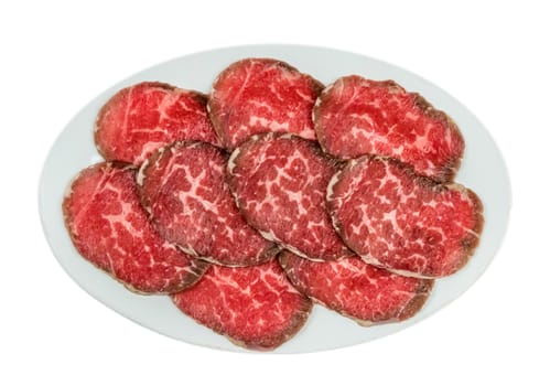 Top view of some raw beef fillets on a plate with  white background