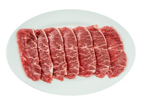 Top view of some raw beef fillets on a plate with  white background