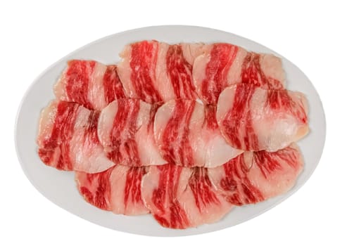 Top view of some raw beef fillets on a plate with  white background