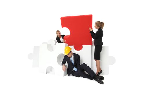 Coworkers look at tired foreman sleeping near puzzle isolated on white background