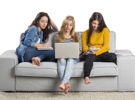 Happy teen girls studying at home with books and laptop