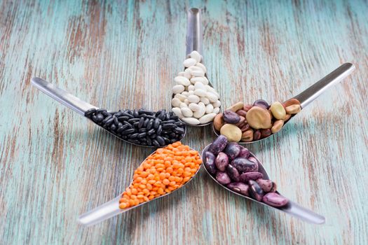 Yellow lentils, black, white, brown, purple kidney beans on metal spoons star composition on wooden background
