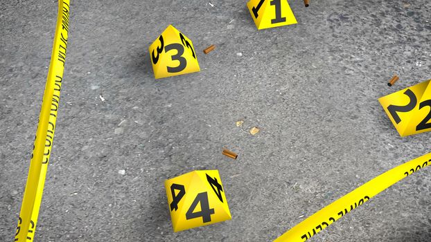 A captivating 3d illustration of a crime scene with shot shells from revolver cartridges on gray asphalt. The yellow stripe and yellow triangular shapes determine the place of four shells.