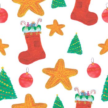 Seamless Christmas Watercolor Pattern with Sock, Candy, Christmas Tree, Star, Ball